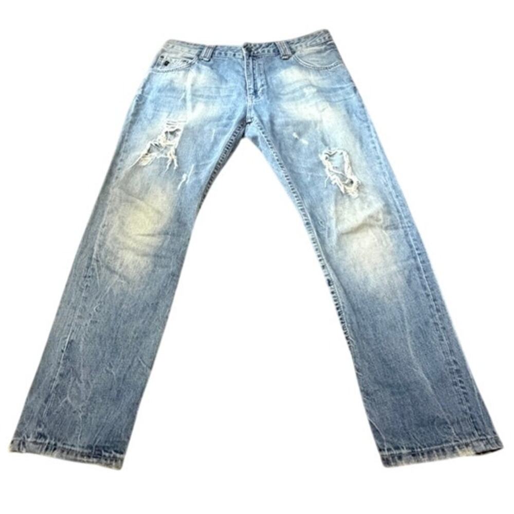 Galliano Jeans Women's 31 Distressed Bootcut Flare Denim Embroidered Logo Y2K